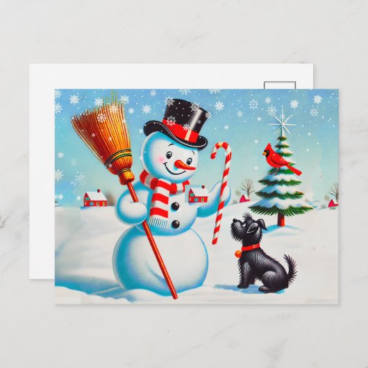 Retro sneeuwman, Schattigee hond, rode kardinaal e Briefkaart (Voorkant / Achterkant)
