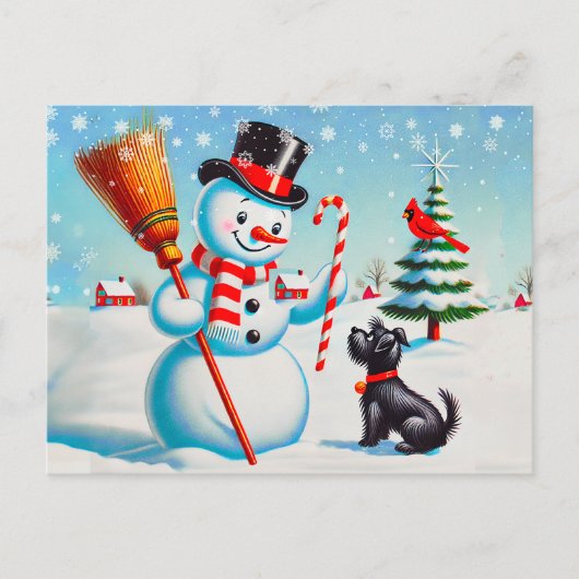 Retro sneeuwman, Schattigee hond, rode kardinaal e Briefkaart (Voorkant)