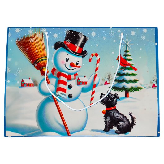 Retro sneeuwman, Schattigee hond, rode kardinaal e Groot Cadeauzakje (Voorkant)