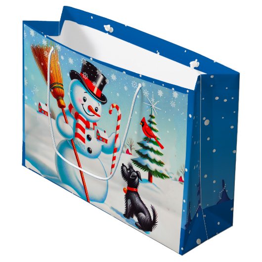 Retro sneeuwman, Schattigee hond, rode kardinaal e Groot Cadeauzakje (Voorkant Gekanteld)