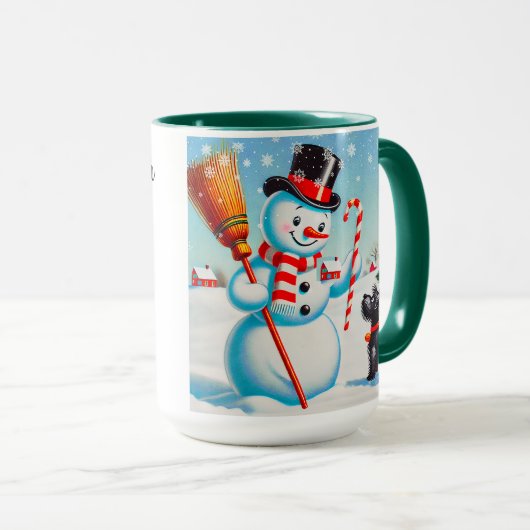 Retro sneeuwman, Schattigee hond, rode kardinaal e Mok (Voorkant rechts)