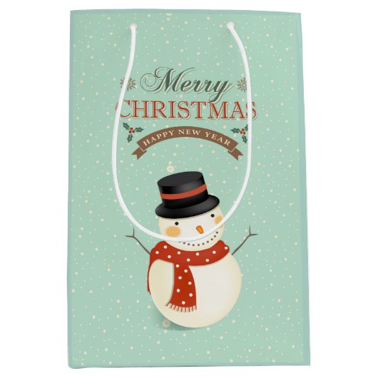 Retro Sneeuwman- Vrolijk Kerstfeest Medium Cadeauzakje (Voorkant)