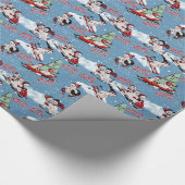 Retro Sneeuwmannen Wintersport op Blauw Cadeaupapier (Hoek)