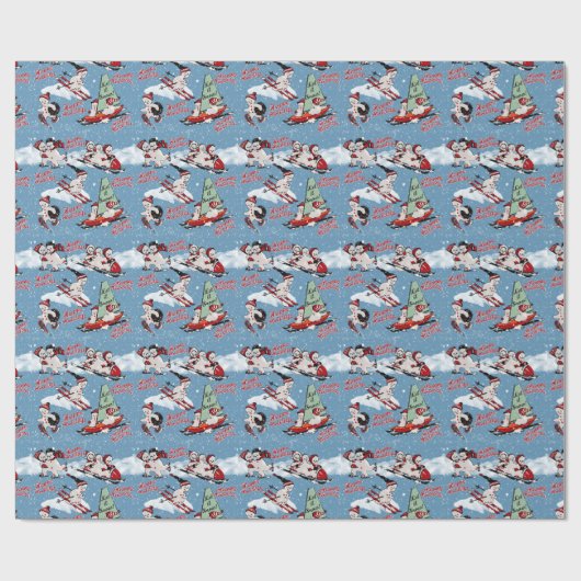 Retro Sneeuwmannen Wintersport op Blauw Cadeaupapier (Vlak)