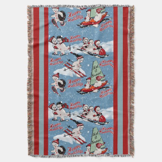 Retro Sneeuwmannen Wintersport op Blauw Deken (Voorkant Verticaal)