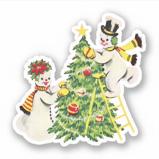 Retro Sneeuwpaar Decorate kerstboom Sticker (Voorkant)