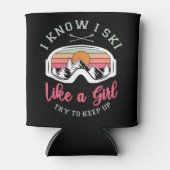 Retro  sneeuwskki als een meisje probeert te blijv blikjeskoeler (Voorkant)