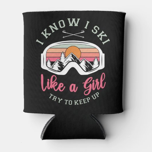 Retro sneeuwskki als een meisje probeert te blijv blikjeskoeler (Voorkant)