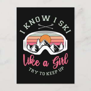 Retro sneeuwskki als een meisje probeert te blijv feestdagenkaart