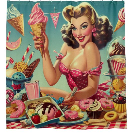 Retro Snoep Pin Up Douchegordijn (Voorkant)