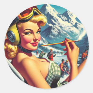 Retro Snowboard Girl Ronde Sticker