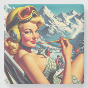 Retro Snowboard Girl Stenen Onderzetter