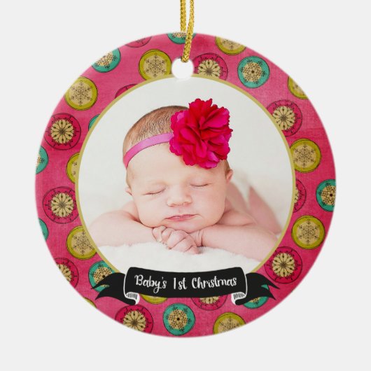 Retro Snowflakes Baby's eerste kerstversiering Keramisch Ornament (Voorkant)