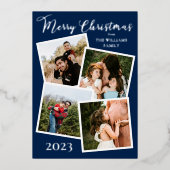 Retro Snowflakes Merry Kerstmis 4 Foto Dk Blue F Folie Feestdagenkaart (Voorkant)