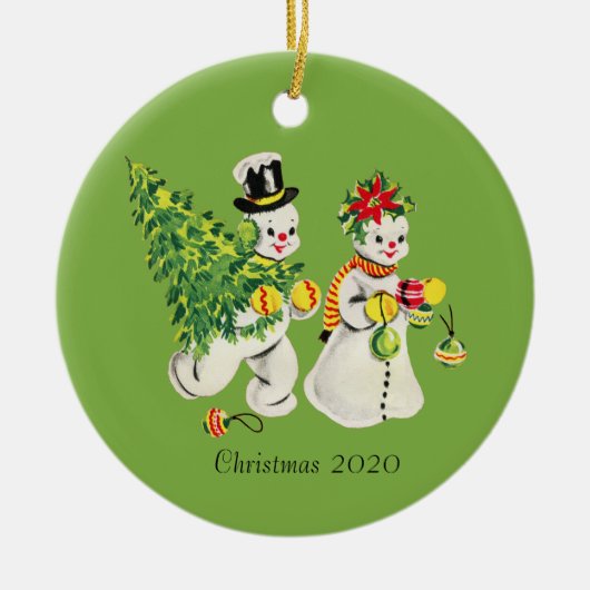 Retro Snowkoppon Green Background Keramisch Ornament (Voorkant)