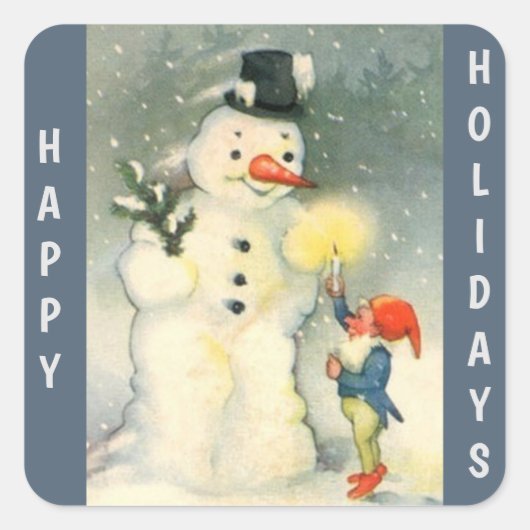Retro Snowman and Elf Christmas Vierkante Sticker (Voorkant)