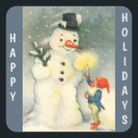 Retro Snowman and Elf Christmas Vierkante Sticker<br><div class="desc">Een van de elven van de kerstman houdt een verlichte kaars omhoog voor een sneeuwpop om te zien in dit prachtige Victoriaans tijdperk kunst afbeelding. Heel schattig! Zorg ervoor dat je de bijbehorende kaart en retouradres labels in onze winkel ziet. Vier de Feestdagen op de ouderwetse manier!</div>