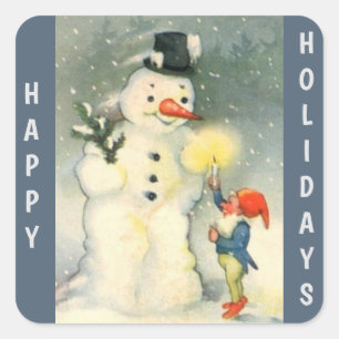 Retro Snowman and Elf Christmas Vierkante Sticker