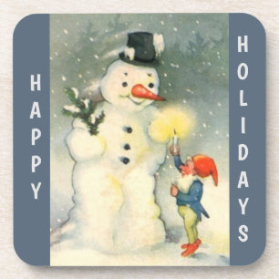 Retro Snowman en Elf Kerstmis Bier Onderzetter