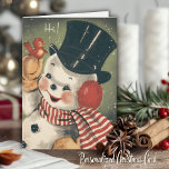 Retro Snowman  kerst Feestdagen Kaart<br><div class="desc">Stuur deze mooie kerstkaart naar al je vrienden deze vakantietijd! Deze kaart is voorzien van een dolle sneeuwman uit het midden van de eeuw in zwarte bovenste hoed en rode en witte gestreepte sjaal met een schattige kleine rode vogel op zijn gemandateerde hand. Zinspeling op de kaart zegt: "Beste wensen...</div>