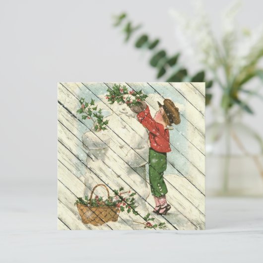 Retro | Snowman op hout Feestdagenkaart (Staand voorkant)