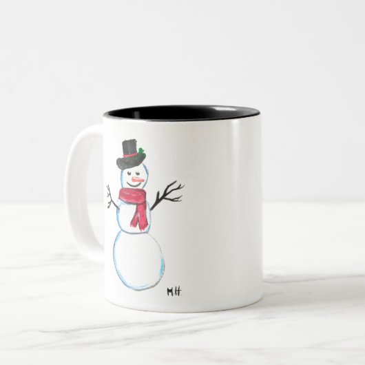 Retro Snowman schattig gezicht Kinder Winterkinder Tweekleurige Koffiemok (Voorkant links)