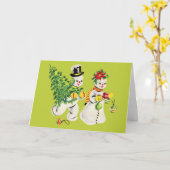 Retro Snowmen Kaart (Gele Bloem)