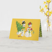 Retro Snowmen Kerstmis Kaart (Gele Bloem)
