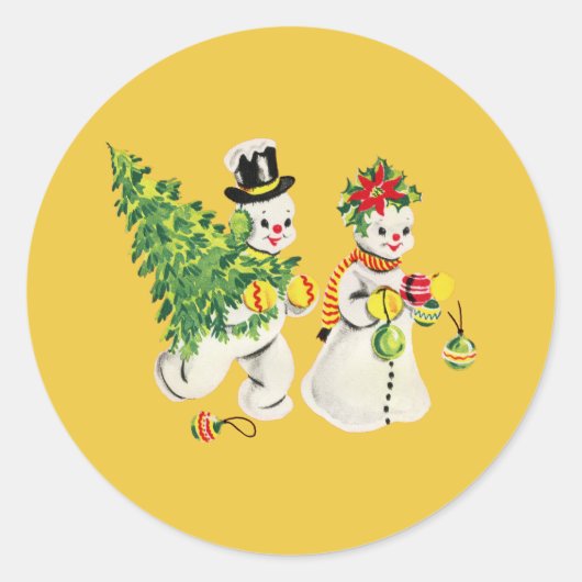 Retro Snowmen Ronde Sticker (Voorkant)