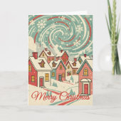 Retro Snowy Christmas Village Blizzard Feestdagen Kaart (Voorkant)