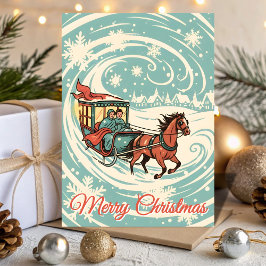 Retro Snowy Sleigh Ride Christmas Feestdagen Kaart