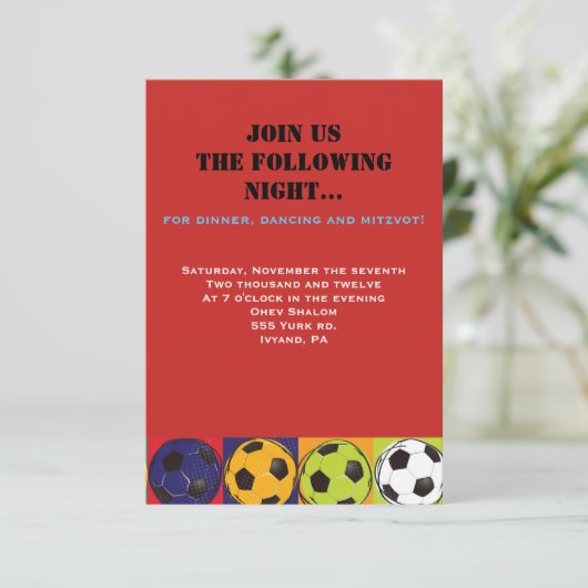 Retro SOCCER Thed Bar Bat Mitzvah Party Card RSVP Kaartje (Staand voorkant)