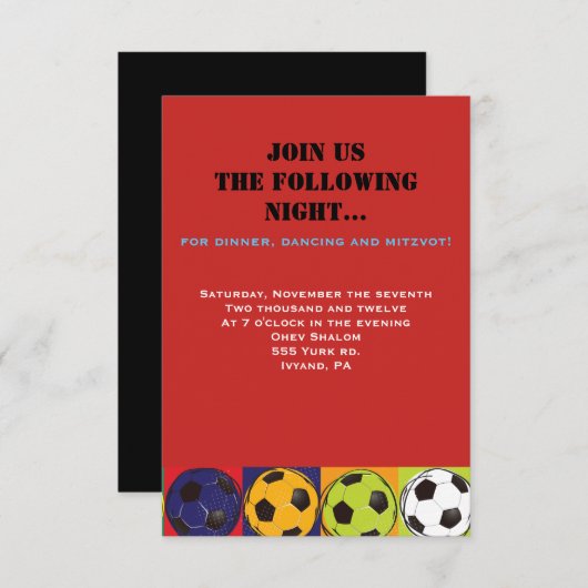 Retro SOCCER Thed Bar Bat Mitzvah Party Card RSVP Kaartje (Voorkant / Achterkant)
