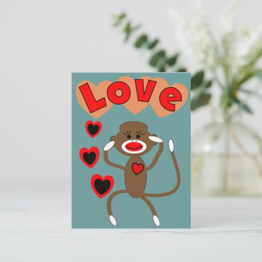 Retro sock aap LOVE Briefkaart (Staand voorkant)