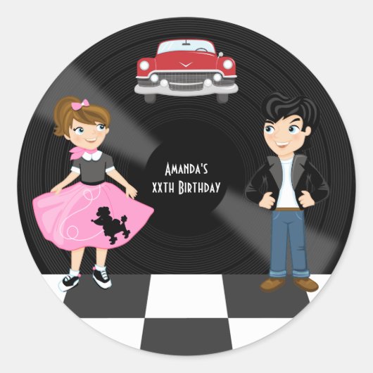 Retro Sock Hop Birthday Party Ronde Sticker (Voorkant)