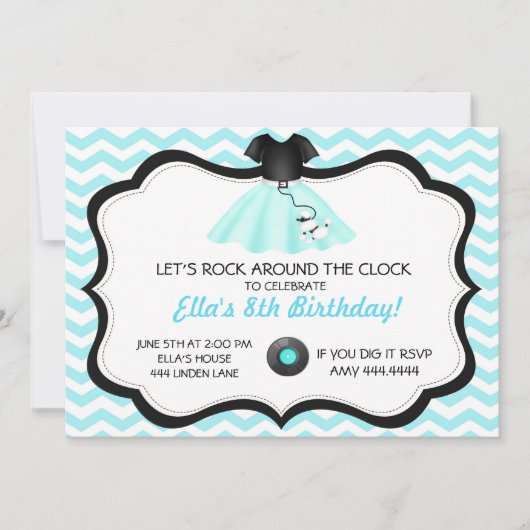 Retro Sock Hop Poedel Rok Verjaardag Uitnodigingen (Voorkant)