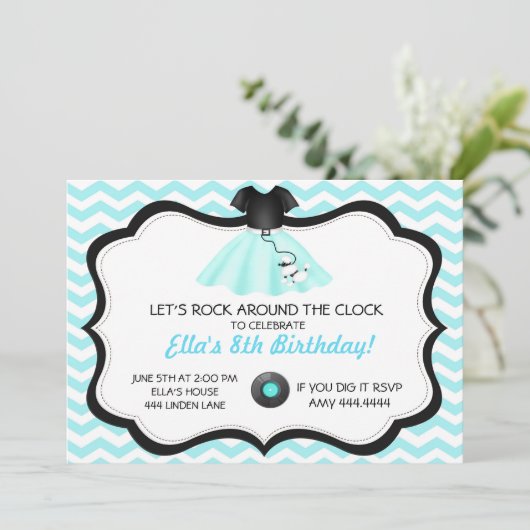 Retro Sock Hop Poedel Rok Verjaardag Uitnodigingen (Staand voorkant)