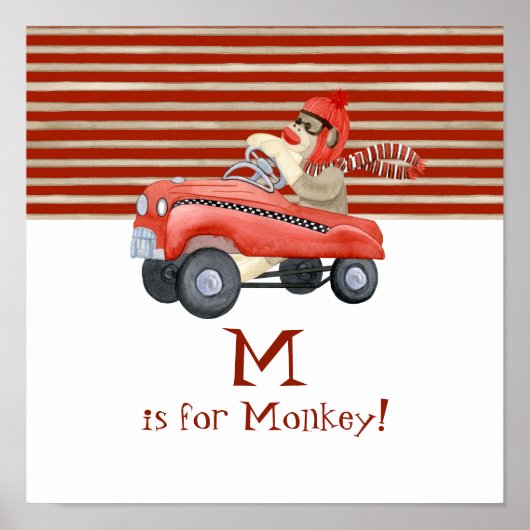 Retro Sock Monkey met voetengauto babyjongen cadea Poster (Voorkant)