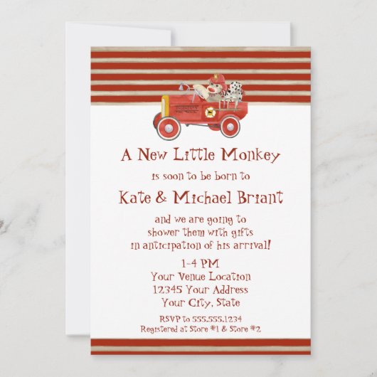 Retro Sock Monkey w Fire Engine Baby-cadeautjes Kaart (Voorkant)