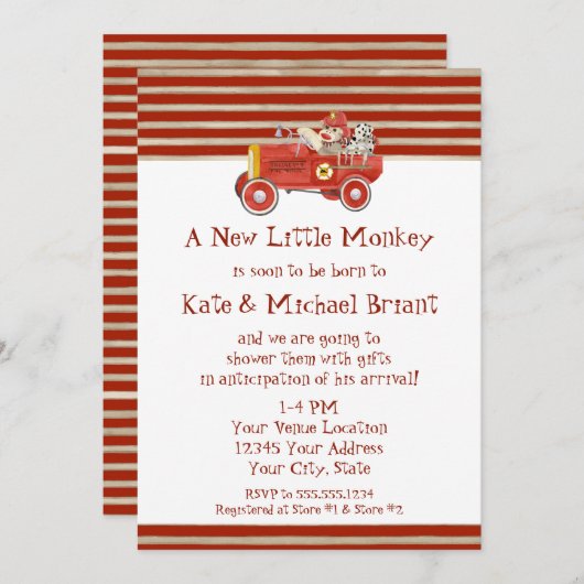 Retro Sock Monkey w Fire Engine Baby-cadeautjes Kaart (Voorkant / Achterkant)