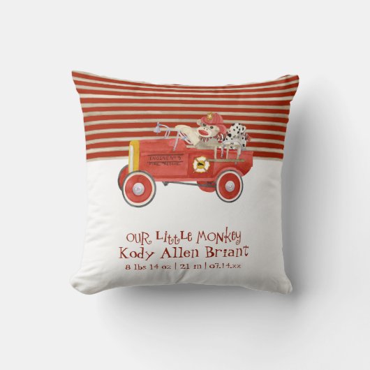 Retro Sock Monkey w Fire Engine Baby-cadeautjes Kussen (Voorkant)
