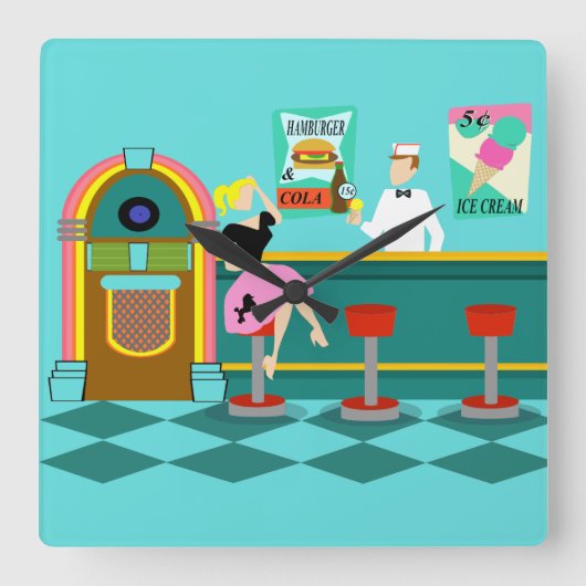 Retro Soda Fountain Acrylwand Vierkante Klok (Voorkant)