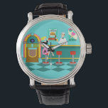 Retro Soda Fountain Watch Horloge<br><div class="desc">Bedien iets speciaals met deze Retro Soda Fountain Watch. De minimalistische kunst, het ontwerp van de cartoon kenmerkt het interieur van de coolste plek in de stad. Het is een sodafontein uit 1950, in al zijn kitschy glory! Tegen de achtergrond van een watermuur kunnen we zien dat posters de specialiteiten...</div>