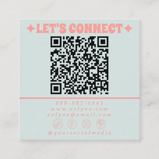 Retro Soft Pink Blue QR Code Groovy Floral Girly Vierkante Visitekaartje (Achterkant)