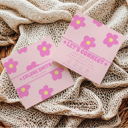 Retro Soft Pink Groovy Floral Trendy Girly Boho Vierkante Visitekaartje