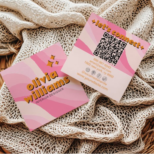 Retro Soft Pink Orange QR Code Groovy Girly Trendy Vierkante Visitekaartje