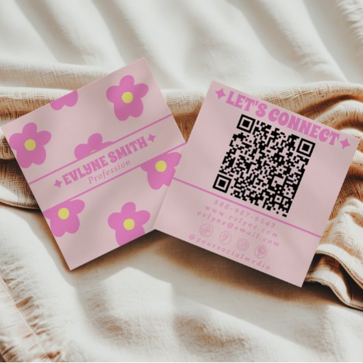 Retro Soft Pink QR Code Groovy Floral Girly Boho Vierkante Visitekaartje