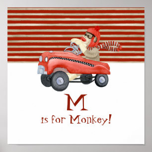 Retro Sokken Aap met Lopende Auto Baby Jongens Cad Poster