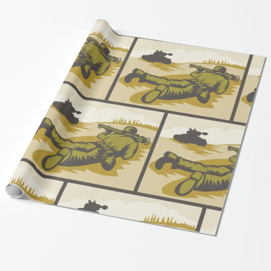 Retro Soldaat en tank Cadeaupapier (Uitgerold)