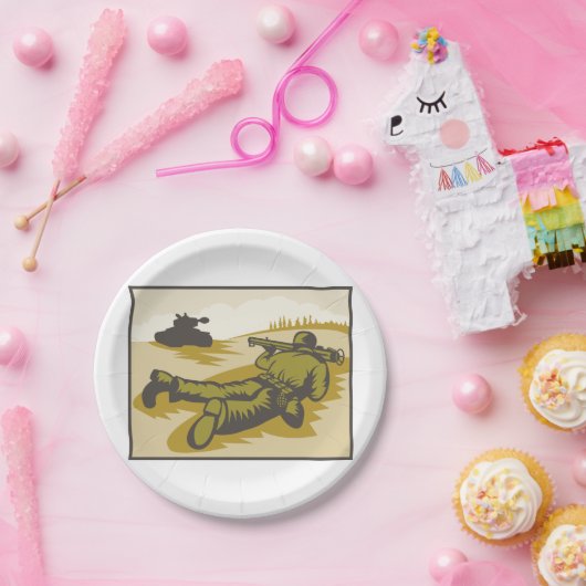 Retro Soldaat en tank Papieren Bordje (Feest)